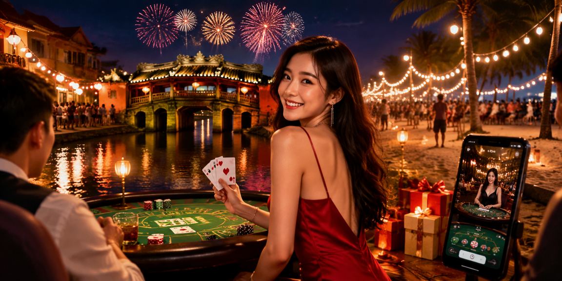Nhóm bạn chơi baccarat tại phố cổ Hội An trong đêm với ánh đèn lồng truyền thống