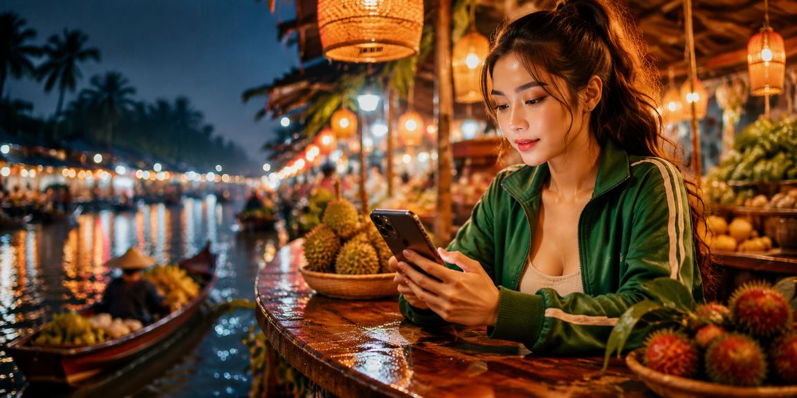 Nhóm bạn chơi bài tại chợ đêm vùng Mekong dưới ánh đèn lung linh về đêm